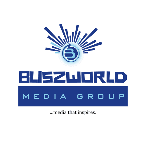 Bliszworld Media Group logo with blue design and text 'media that inspires.'