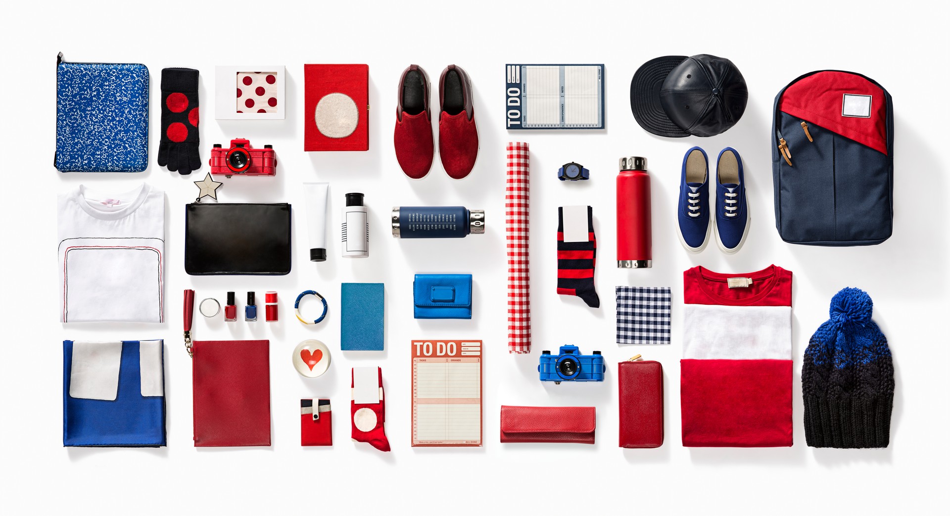 Luxury fashionable clothing and stationery items flat lay on white background